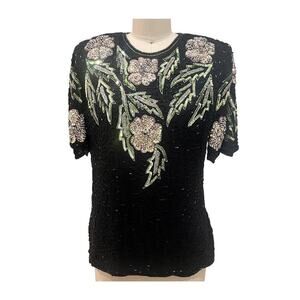 Vintage Laurence Kazar Shirt Womens Small Black Silk Sequin Floral Beaded 90s
